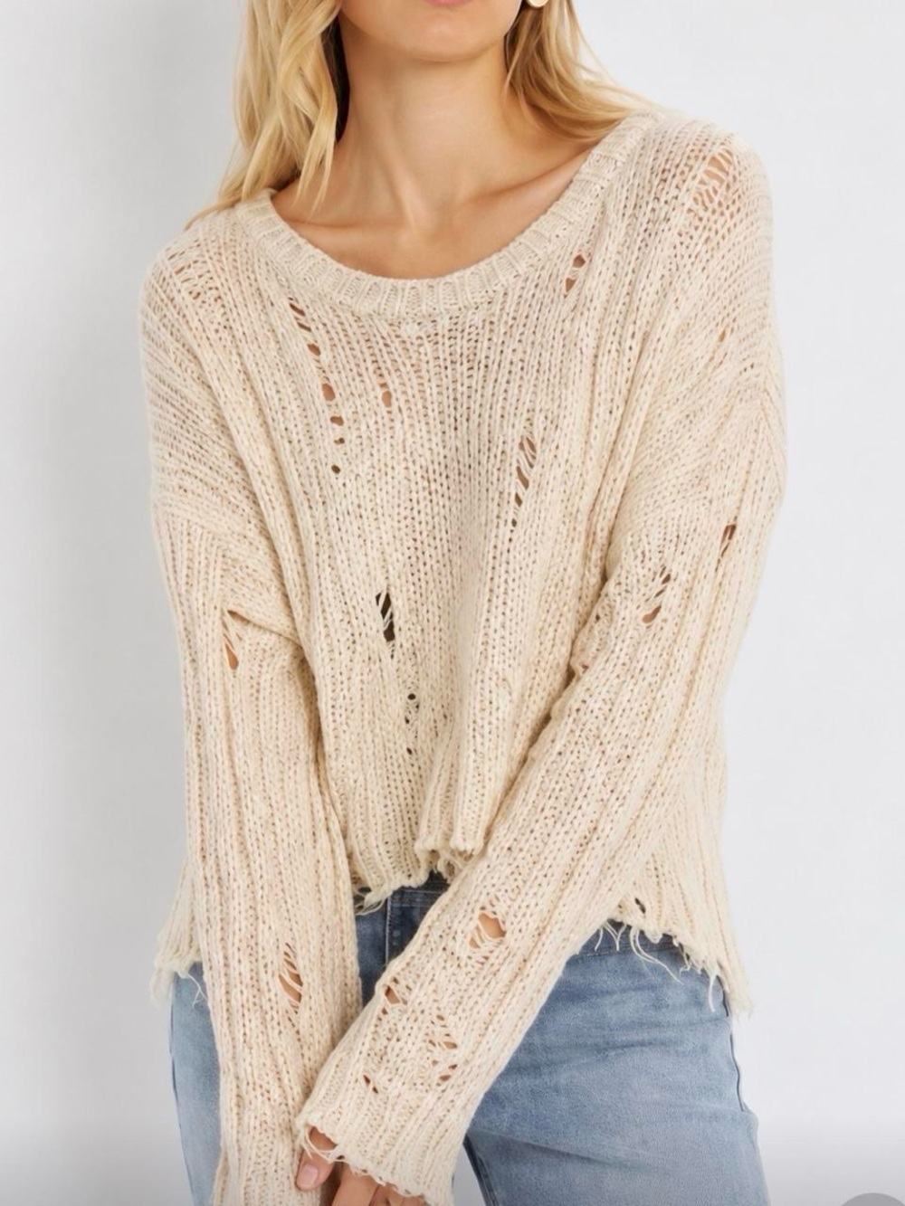 NWT Aerie Crochet Distressed Beachy Grunge Boho Sweater White Sz XL